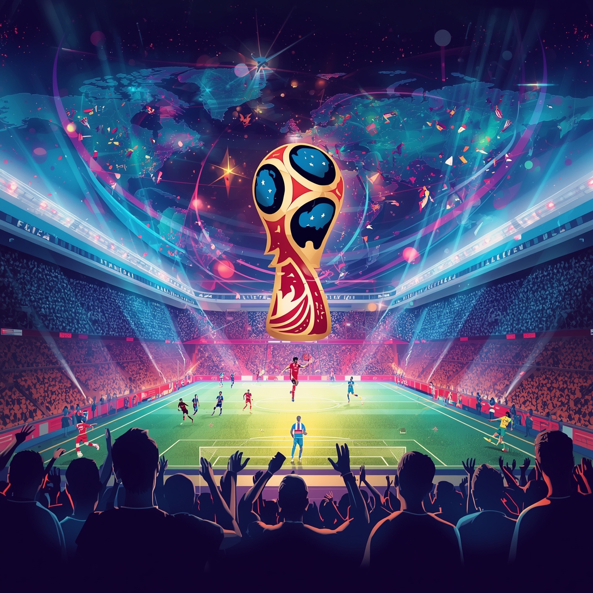 FIFA 2026 World Cup illustration showing USA, Canada, and Mexico